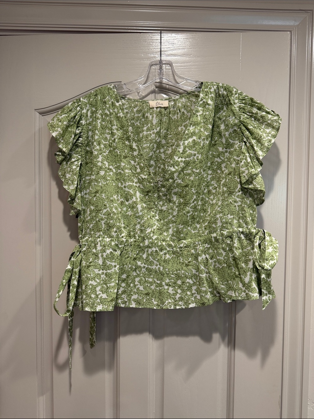 Elan Green Floral Tie-Side Ruffle Blouse